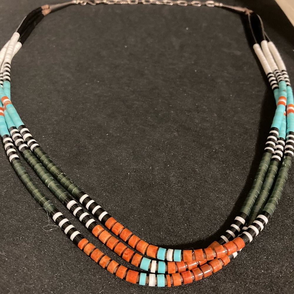 Sterling Native American Beaded 3 Strand Necklace - Picture 3 of 5